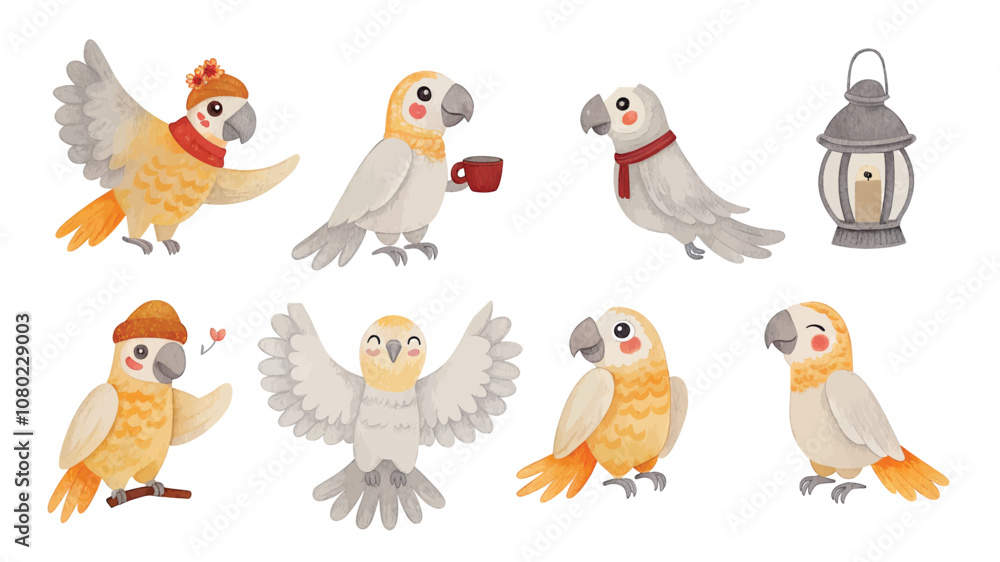 Fototapeta premium Cute parrots set. Cute parrots with a cup of coffee.