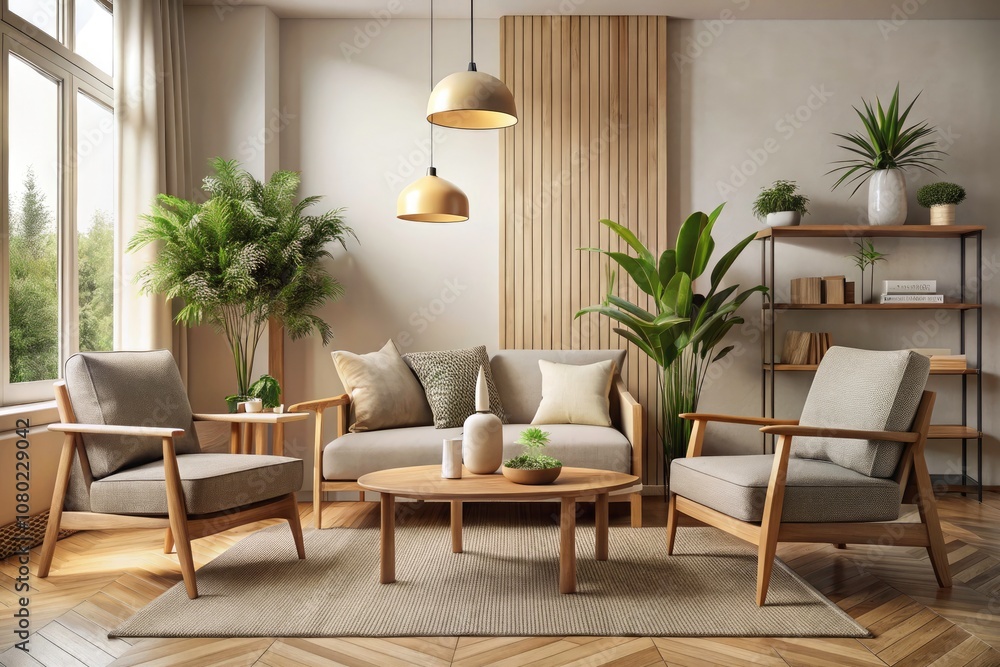 Japandi Minimalist Living Room with Armchair in Neutral Tones - Aesthetic Interior Design, Cozy Atmosphere, Modern Decor, Scandinavian Influence, Tranquil Space Japandi Minimalist Living Room with Armchair in Neutral Tones - Aesthetic Interior Design, Cozy Atmosphere, Modern Decor, Scandinavian Influence, Tranquil Space
