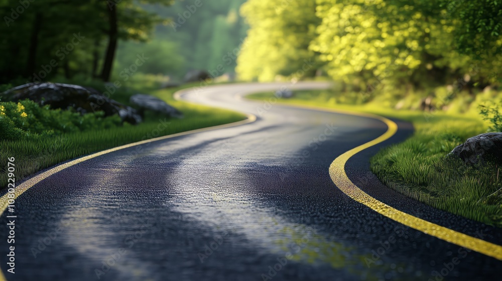 Obraz premium Winding road through a lush green landscape in the early morning light, creating a peaceful atmosphere for drivers and nature lovers.