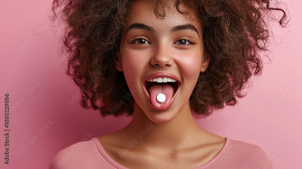 Smiling Woman with Pill on Tongue - Health and Wellness Theme Smiling Woman with Pill on Tongue - Health and Wellness Theme