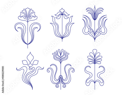 Vector graphic design template,  art nouveau floral style frame and logo, minimalistic ornate border, divider and frame decoration, for packaging, branding, invitations, tattoo silhouette illustration