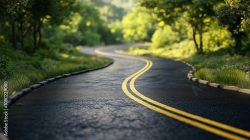 Serene winding road through lush green forest during daylight hours inviting adventure and exploration.