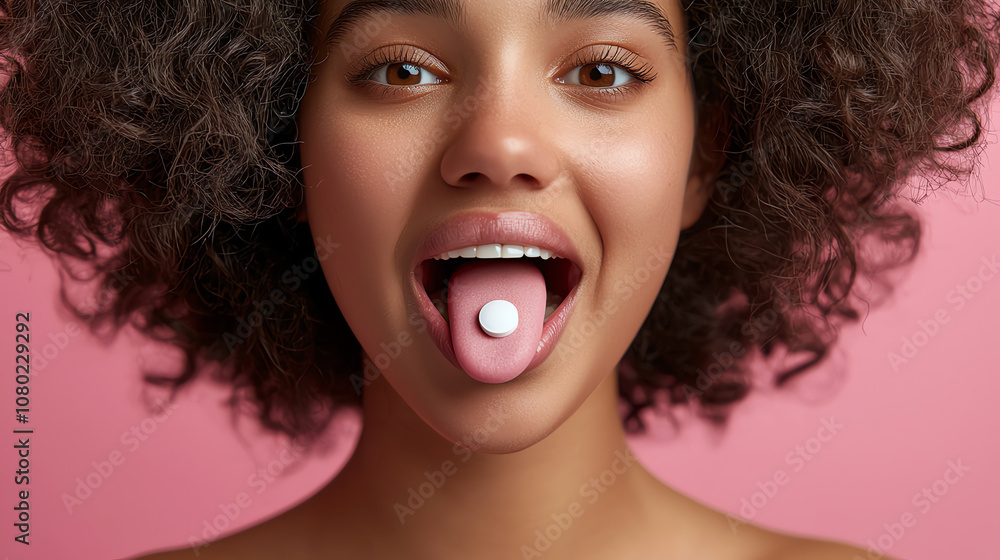 Smiling Woman with Pill on Tongue - Health and Wellness Theme Smiling Woman with Pill on Tongue - Health and Wellness Theme