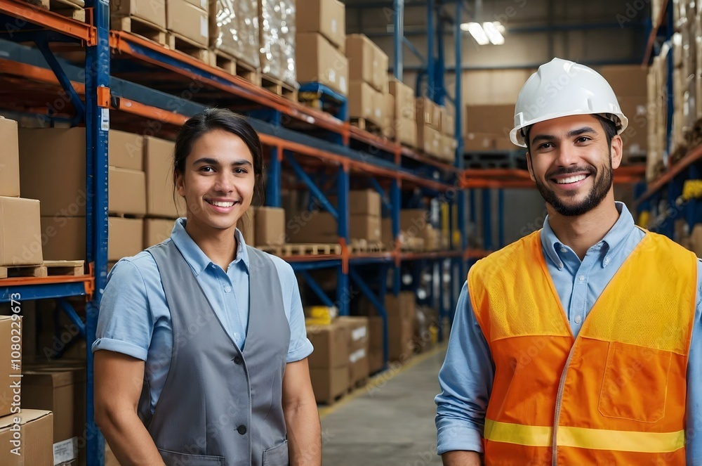 Warehouse boy in high-visibility vest, and a girl smiling in a modern storage environment. Great image for supply chain and warehouse themes. Warehouse boy in high-visibility vest, and a girl smiling in a modern storage environment. Great image for supply chain and warehouse themes.