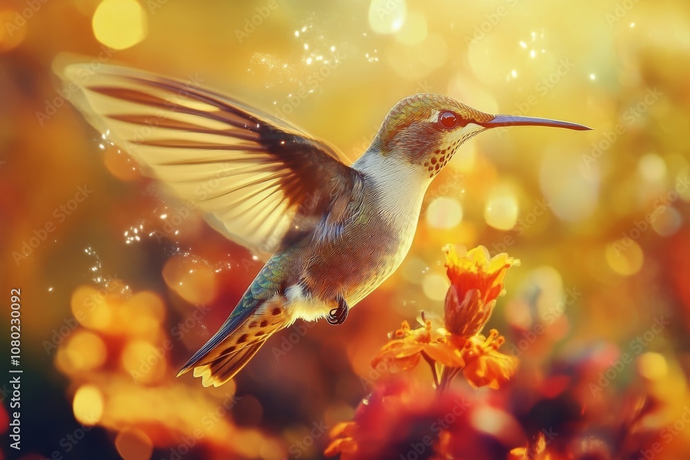 Fototapeta premium Majestic Hummingbird Amid Vibrant Floral Beauty