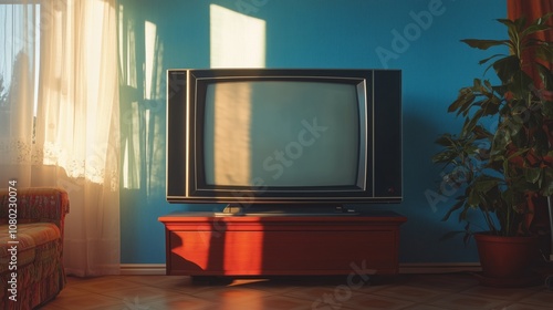 A vintage television set casting soft shadows in a warmly lit room with blue walls during the late afternoon.