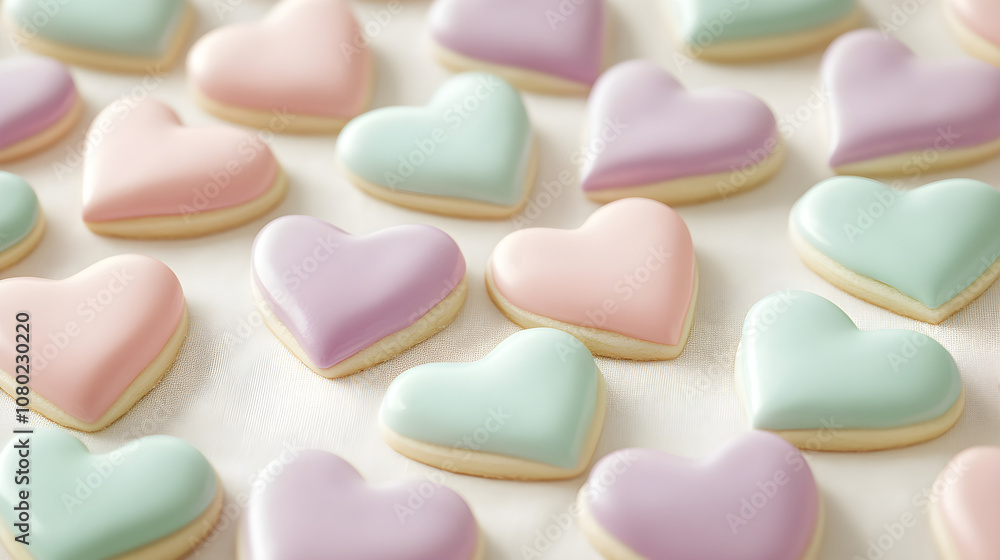 Charming Array of Heart-Shaped Pastel Cookies on a Soft Tablecloth Charming Array of Heart-Shaped Pastel Cookies on a Soft Tablecloth