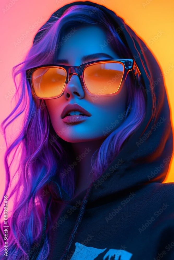 Stunning girl with purple hair and sunglasses in a hoodie against a vibrant gradient background Stunning girl with purple hair and sunglasses in a hoodie against a vibrant gradient background