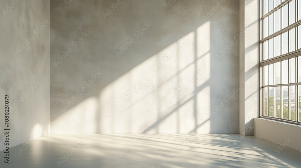 Fototapeta premium Bright, minimalist interior space with large windows casting shadows in a modern building during daylight hours.