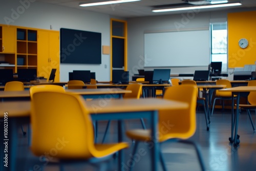 Spacious high school classroom featuring desks, chairs, and educational tools in yellow accents