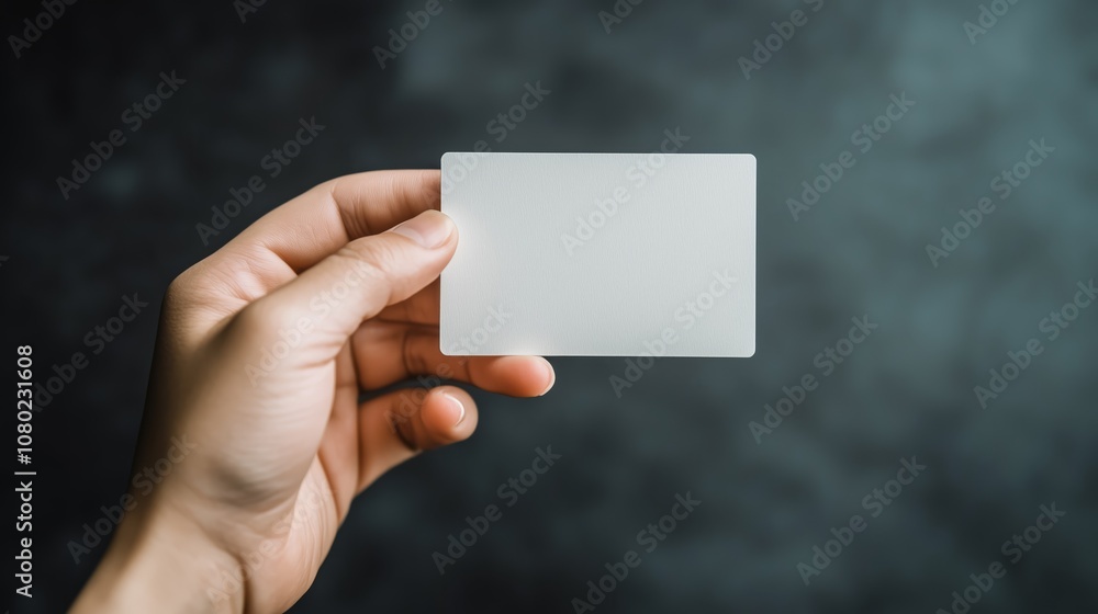 A person holds a blank card in their hand against a dark, textured background during a soft light. A person holds a blank card in their hand against a dark, textured background during a soft light.