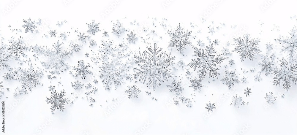 Fototapeta premium Gentle snowflakes falling against a bright white background, creating a serene winter atmosphere. Calm and peaceful, reminiscent of a quiet snowfall....