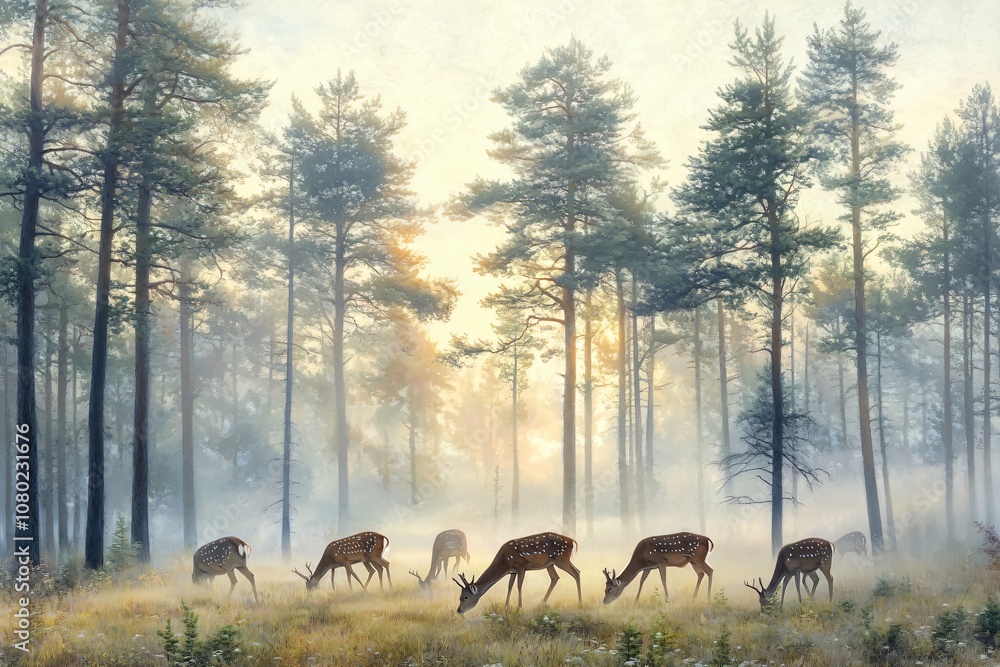 Herd of deer grazing in a misty pine forest at dawn. Calm landscape with soft light and tall trees. Forest wildlife and tranquility concept for design and print Herd of deer grazing in a misty pine forest at dawn. Calm landscape with soft light and tall trees. Forest wildlife and tranquility concept for design and print