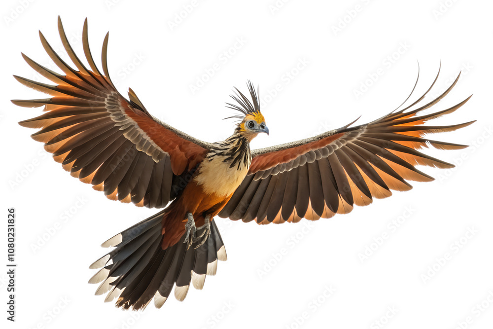 Front view, Hoatzin (bird) is spreading its wings and flying isolated on a transparent background Front view, Hoatzin (bird) is spreading its wings and flying isolated on a transparent background