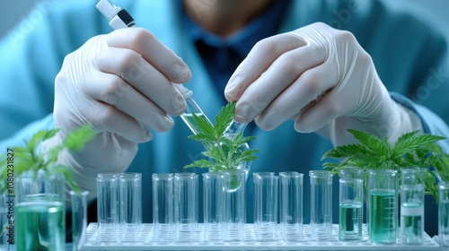 A scientist in gloves carefully extracts a sample from a plant in a laboratory setting, focusing on research and analysis of botanical elements. photo