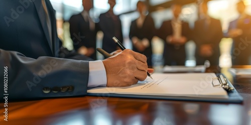 Signing legal documents in a professional setting is a significant achievement, indicating the execution of an important agreement needing various forms of authority and background photo