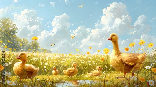 Playful cartoon countryside with quacking duck. AI generated photo