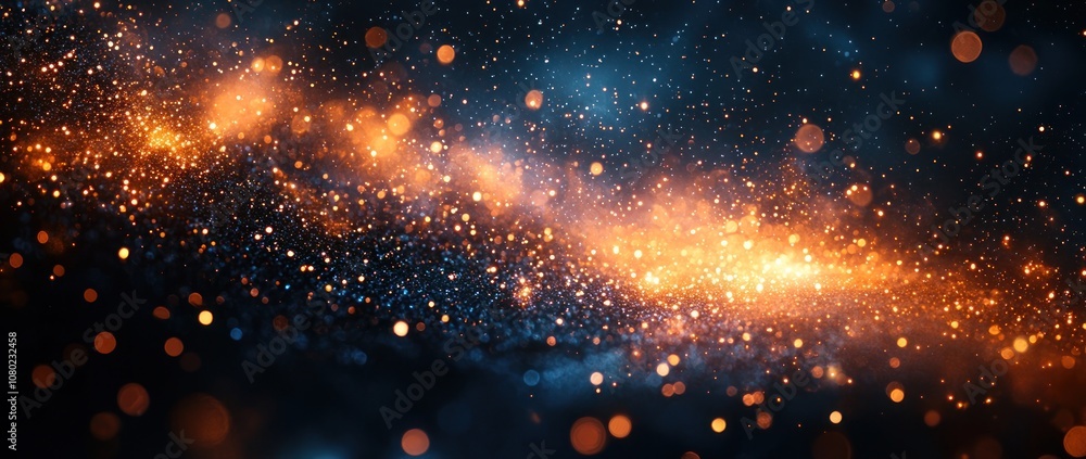 Golden cosmic dust and sparkles floating through a dark blue and black space background Generative AI Golden cosmic dust and sparkles floating through a dark blue and black space background Generative AI