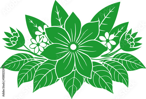 set of green flower and leaves vector illustration