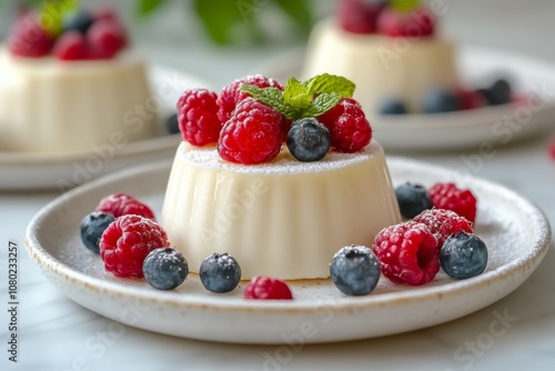 A creamy dessert topped with fresh raspberries, blueberries, and a mint leaf, served on a white plate against a blurred background