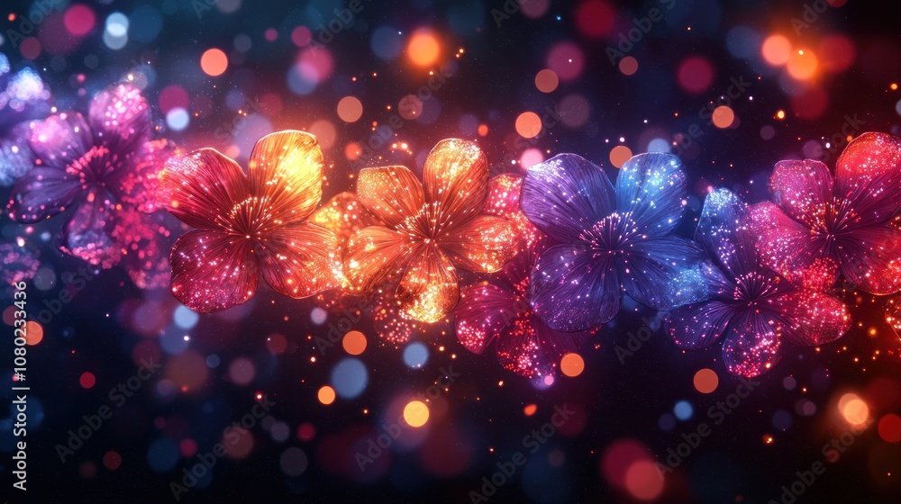 Colorful glowing flowers with sparkling petals and vibrant bokeh lights in an abstract fantasy background Generative AI Colorful glowing flowers with sparkling petals and vibrant bokeh lights in an abstract fantasy background Generative AI