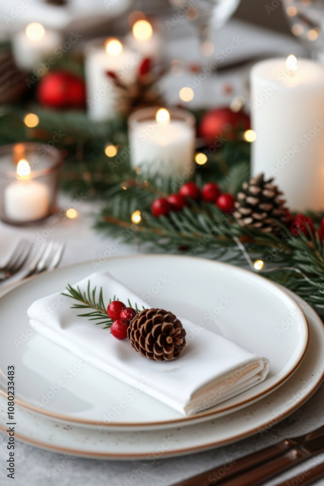 Christmas Eve. An elegant holiday table adorned with pinecones, red berries, candles, and evergreen garlands, creating a cozy and festive dining experience.
Christmas Eve. An elegant holiday table adorned with pinecones, red berries, candles, and evergreen garlands, creating a cozy and festive dining experience.