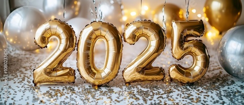 Gold foil balloons displaying the year "2025," surrounded by silver balloons and confetti, creating a festive atmosphere