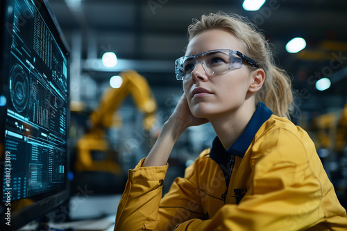 A dynamic half length portrait of logistics manager in modern industrial setting, showcasing her focus and determination while analyzing data on computer screen photo