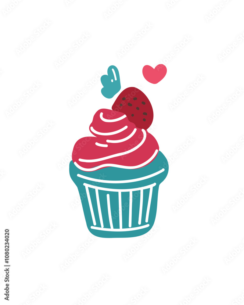 Cartoon-style strawberry cupcake for a fun and appetizing vibe Cartoon-style strawberry cupcake for a fun and appetizing vibe