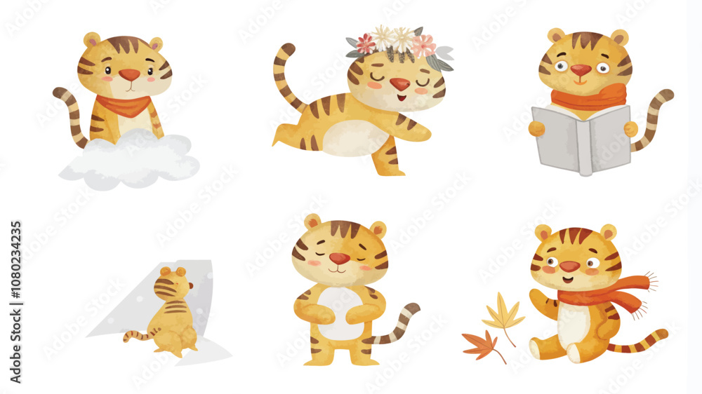 Obraz premium Set of cute tigers in different poses. Vector illustration isolated on white background.