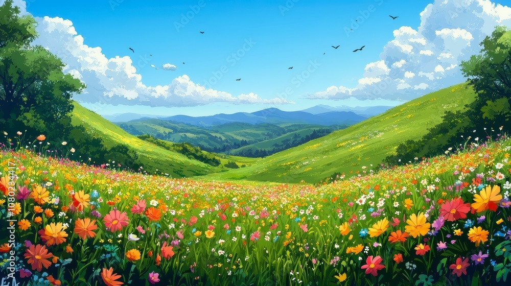 A vibrant landscape featuring rolling hills covered in colorful wildflowers under a bright blue sky with fluffy clouds and distant mountains, evoking a serene, peaceful atmosphere A vibrant landscape featuring rolling hills covered in colorful wildflowers under a bright blue sky with fluffy clouds and distant mountains, evoking a serene, peaceful atmosphere