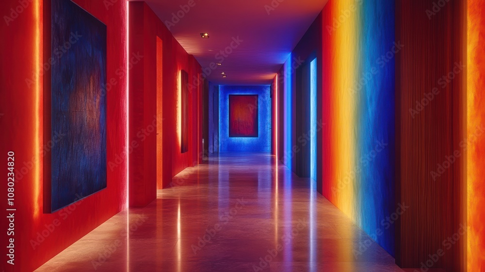 A long, narrow hallway with colorful walls and a glossy floor, illuminated by bright neon lights. A long, narrow hallway with colorful walls and a glossy floor, illuminated by bright neon lights.