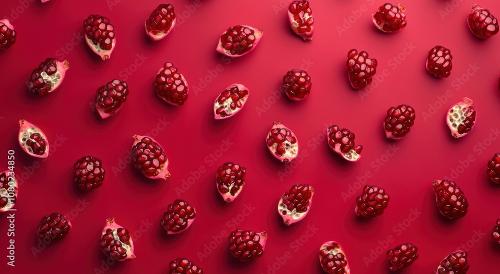 A vibrant arrangement of pomegranate halves on a red background, showcasing their juicy seeds. A vibrant arrangement of pomegranate halves on a red background, showcasing their juicy seeds.