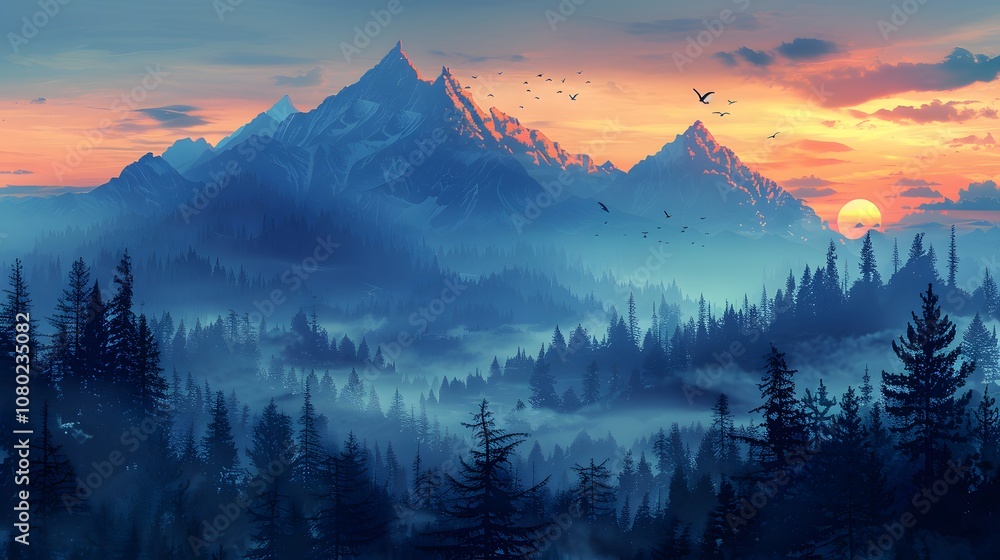 Obraz premium Serene cartoon mountain range with soaring. AI generated