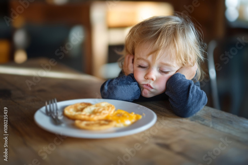 A child looking disappointed while waiting for a meal at a cozy kitchen table in the morning light with a plate of eggs in front