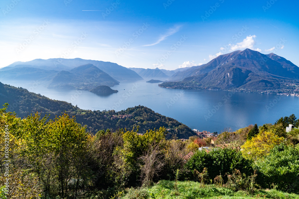 Lake Como, Photographed from Perledo, showing Varenna, Bellagio, Castello di Vezio, and Punta Balbianello, on a spring day.
