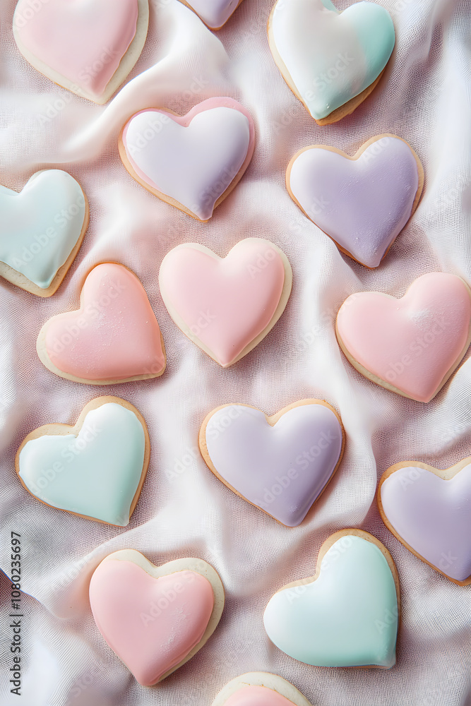 Obraz premium Charming Array of Heart-Shaped Pastel Cookies on a Soft Tablecloth