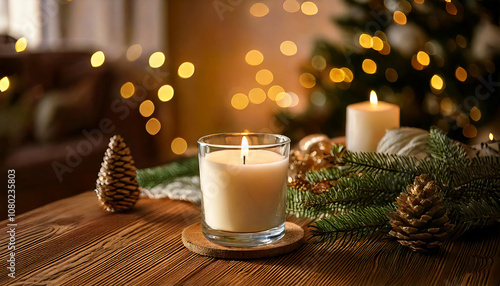 candle in glass on wooden table in cosy room with christmas decoration with ornament for holiday, bokeh light at background