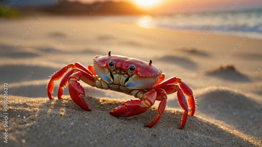 Red crab exploring sandy beach at sunset with golden sunlight reflecting on the calm ocean waves in the background Red crab exploring sandy beach at sunset with golden sunlight reflecting on the calm ocean waves in the background