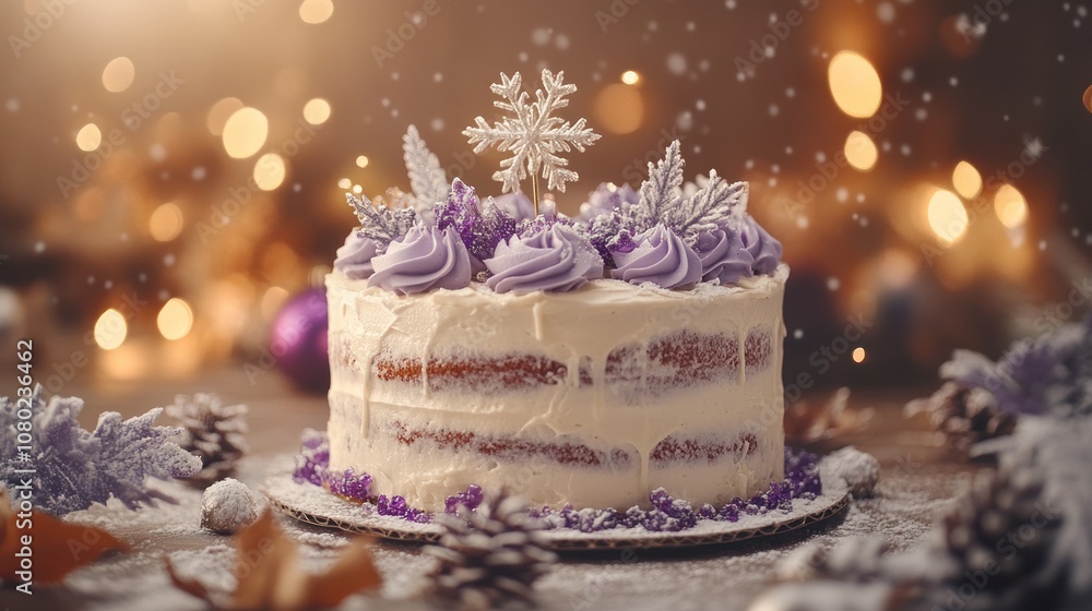 A beautifully decorated cake with purple frosting and snowflake accents, set in a festive atmosphere. A beautifully decorated cake with purple frosting and snowflake accents, set in a festive atmosphere.