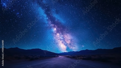 A winding dirt road leads into the distance under a breathtaking night sky, filled with a brilliant Milky Way galaxy.