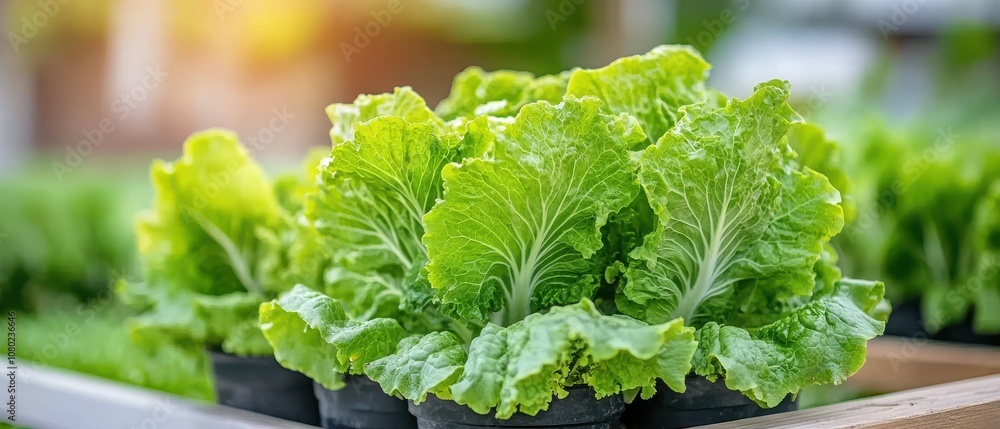 Fresh, vibrant green lettuce growing in small pots, bathed in soft sunlight, showcasing healthy foliage and agricultural beauty. Fresh, vibrant green lettuce growing in small pots, bathed in soft sunlight, showcasing healthy foliage and agricultural beauty.