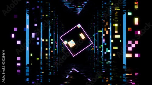 Captivating neon cube dancing in a vibrant digital space at night