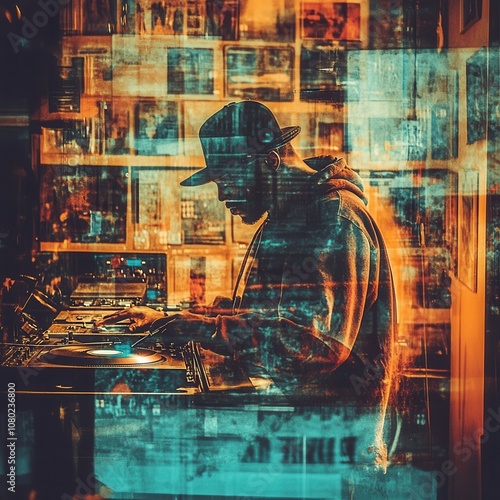 Hip hop throwback style with 90s elements copy space nostalgia theme surreal double exposure record shop backdrop