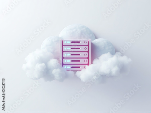 colorful server array nestled among fluffy clouds in a serene digital landscape, illustrating cloud computing technology