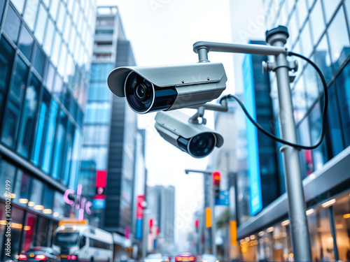 Surveillance cameras monitor traffic flow in a bustling city during a cloudy day