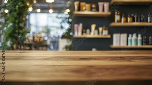 Wooden countertop with blurred shelves, ideal for product display.