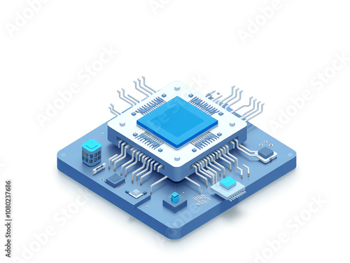 detailed representation of a blue microchip surrounded by electronic components and circuits on a simple background