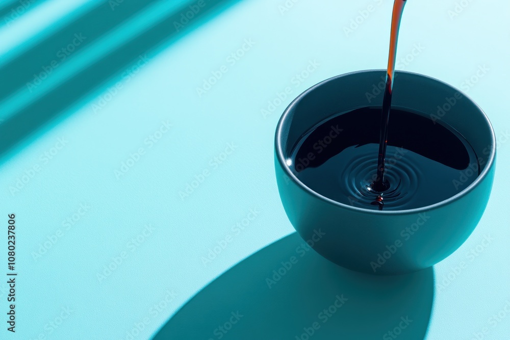 A bowl filled with dark liquid creating ripples, set against a turquoise background. A bowl filled with dark liquid creating ripples, set against a turquoise background.