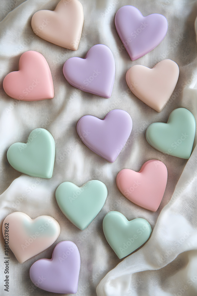 Charming Array of Heart-Shaped Pastel Cookies on a Soft Tablecloth Charming Array of Heart-Shaped Pastel Cookies on a Soft Tablecloth